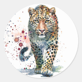 Sticker Rond Leopard Walking Watercolor