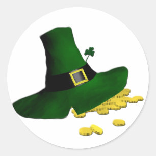 Sticker Rond Leprechaun Casquette Lucky Gold Pièces Shamrock Lu