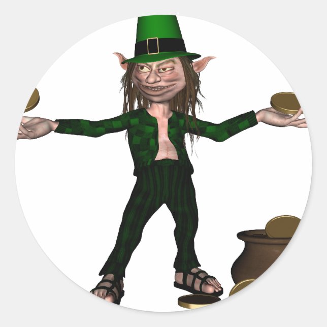 Sticker Rond Leprechaun irlandais avec des pièces de monnaie et (Devant)