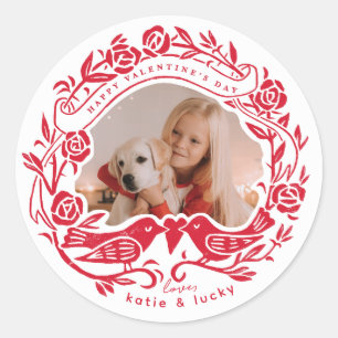 Sticker Rond Les amoureux de Linocut et la Saint-Valentin rose 