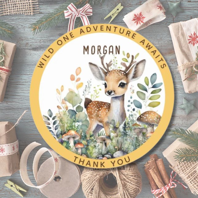 Sticker Rond Les animaux de bois de cerf favorisent le Merci Dé (Créateur téléchargé)