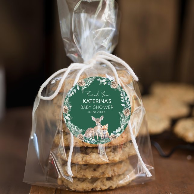 Sticker Rond Les animaux de bois mignons Baby shower Merci Favo (Add these cute woodland animal thank you stickers to baked goods for an easy baby shower favor.)