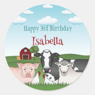 Sticker Rond Les animaux de ferme mignons Le Joyeux anniversair
