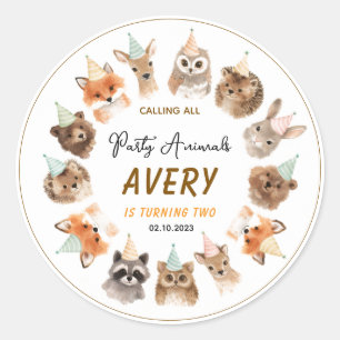 Sticker Rond Les Animaux de Fête 2e Anniversaire Jolies Anima