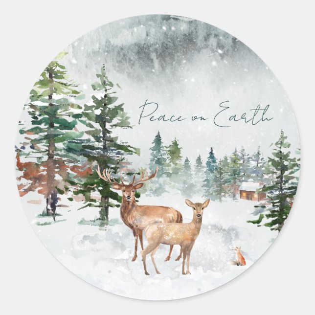 Sticker Rond Les animaux de la forêt d'hiver Paix sur terre Noë (Devant)