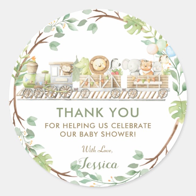 Sticker Rond Les animaux de la jungle Train verdure Merci Favor (Devant)