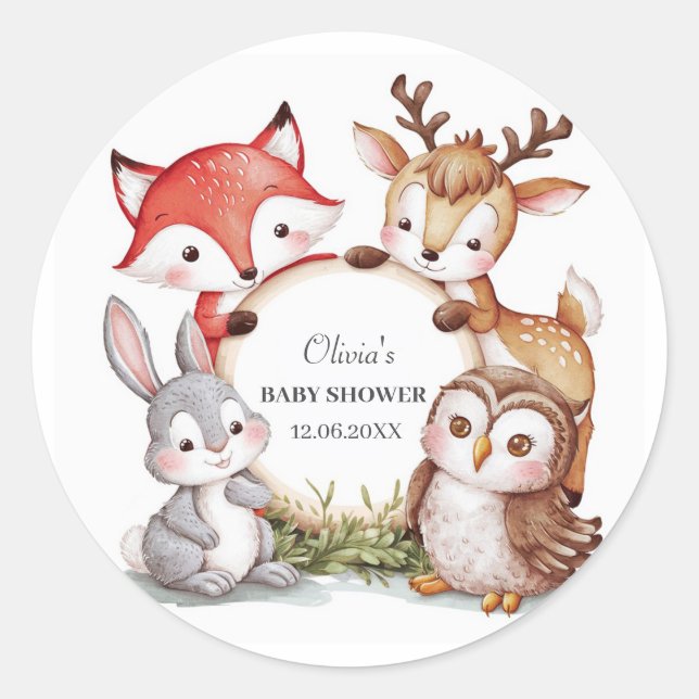 Sticker Rond Les animaux des bois Baby shower mignon (Devant)