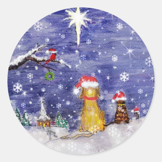 Sticker Rond Les animaux Noël Même Aquarelle Art (Devant)