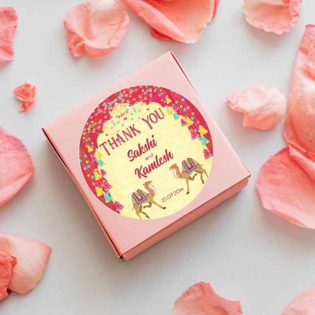 Sticker Rond Les chameaux du mariage indien Rajasthani en faveu (Indian wedding thank you favor gift stickers cerise pink yellow arch frame Rajasthani wedding camels)