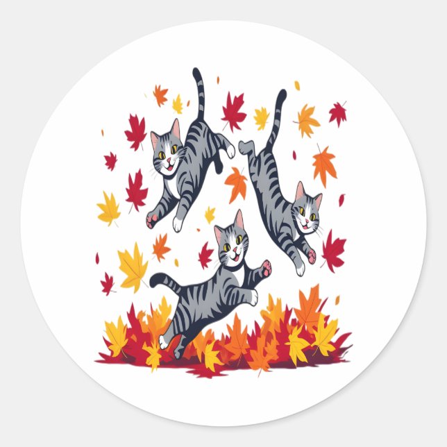 Sticker Rond Les chats jouent dans les feuilles d'automne (Devant)