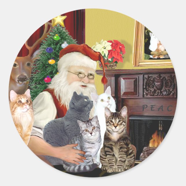 Sticker Rond Les cinq chats du Père Noël (Devant)