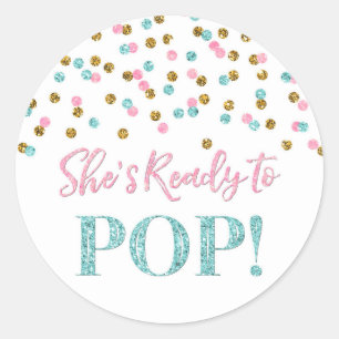 Sticker Rond Les confettis bleus roses d'or elle est prête à