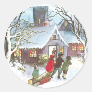 Sticker Rond Les enfants apportent à la maison Noël de cru de