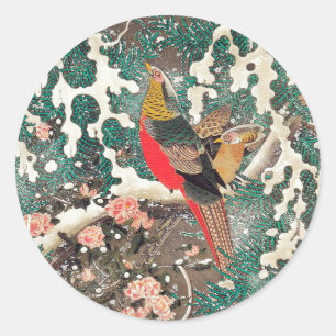 Sticker Rond Les faisans d'or en neige par Ito Jakuchu