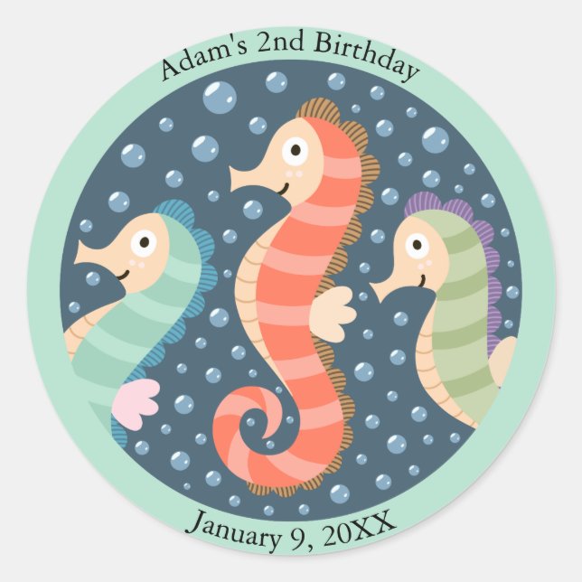 Sticker Rond Les jolis hippocampes sous la mer Anniversaire (Devant)