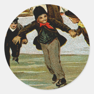 Sticker Rond Les joyeux patineurs de glace de Noël