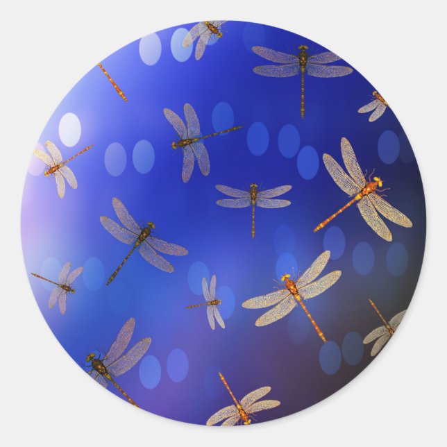 Sticker Rond Les libellules Magiques Sur Bleu, (Devant)