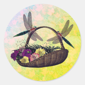 Sticker Rond Les libellules sur le panier de fleurs Nature
