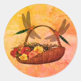 Sticker Rond Les libellules sur le panier de fleurs Nature Art