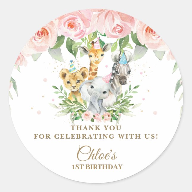 Sticker Rond Les mignons animaux de la jungle rose Merci floral (Devant)