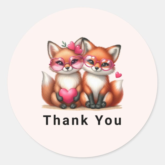 Sticker Rond Les mignons renards orange en Merci d'amour (Devant)