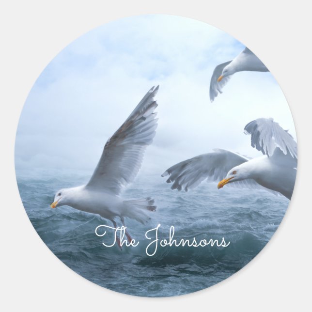 Sticker Rond Les mouettes volent au-dessus de la mer (Devant)