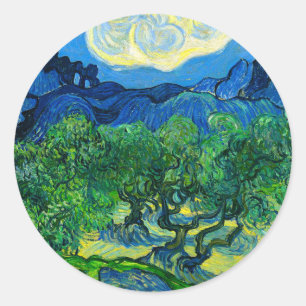 Sticker Rond Les oliviers de Van Gogh dans un paysage montagneu