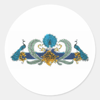 Sticker Rond Les paons et les couronnes bleus et dorés