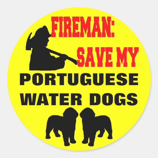 Sticker Rond Les pompiers sauvent mes chiens d'eau portugais (Devant)