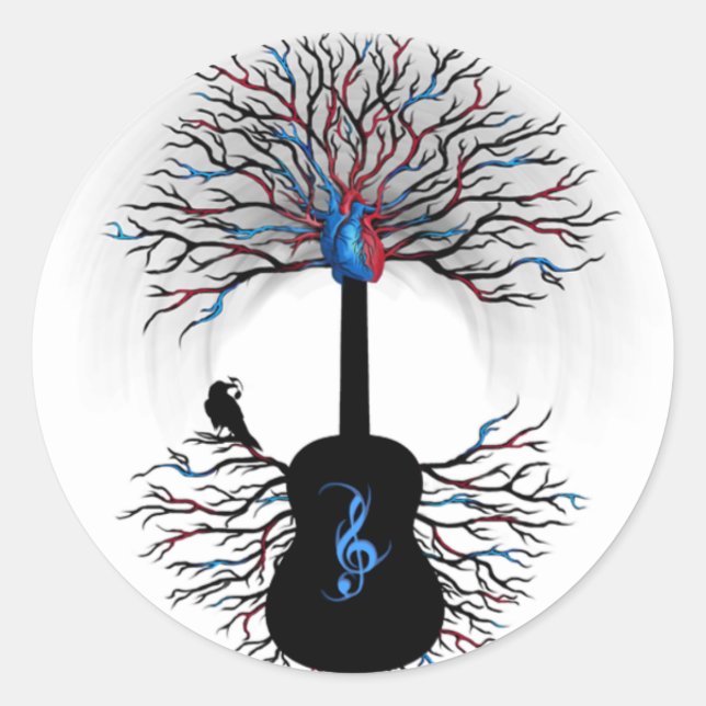 Sticker Rond "Les rythmes du coeur" ~ Guitare surréelle - Stick (Devant)
