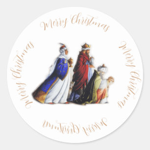 Sticker Rond Les Trois Magi Portant cadeaux et voeux de Noël
