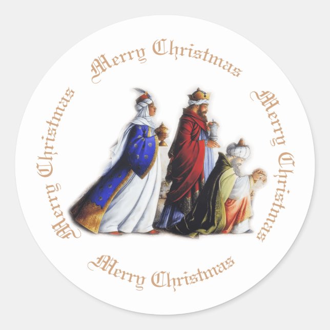 Sticker Rond Les Trois Magi Portant cadeaux et voeux de Noël (Devant)