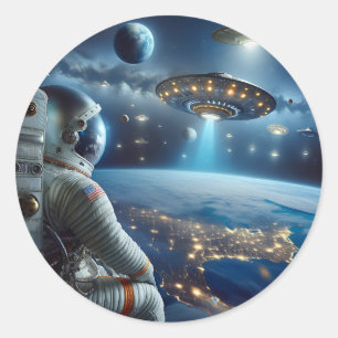 Sticker Rond Les vaisseaux spatiaux et un astronaute dans l'esp