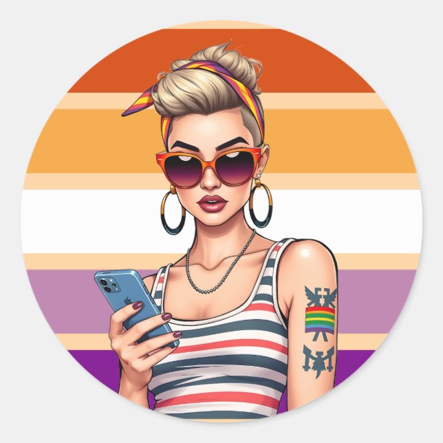 Sticker Rond Lesbienne LGBTQ avec look sarcastique (Devant)
