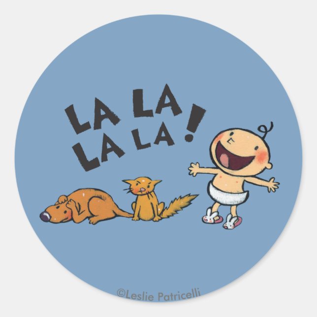 Sticker Rond Leslie Patricelli chante bébé avec des palmes lapi (Devant)