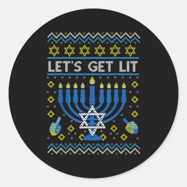 Sticker Rond Let's Get Lit Funny Jewish Holiday Chanukah Ugly H (Devant)