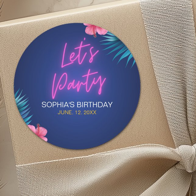 Sticker Rond Let's Party Neon Electric Pink Birthday Woman (Créateur téléchargé)