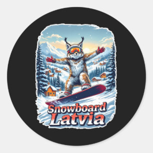 Sticker Rond Lettonie Snowboard Lynx En Hiver Wonderland