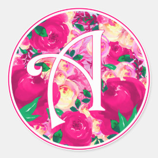 Sticker Rond Lettre A Aquarelle rose Monogramme circulaire Flor