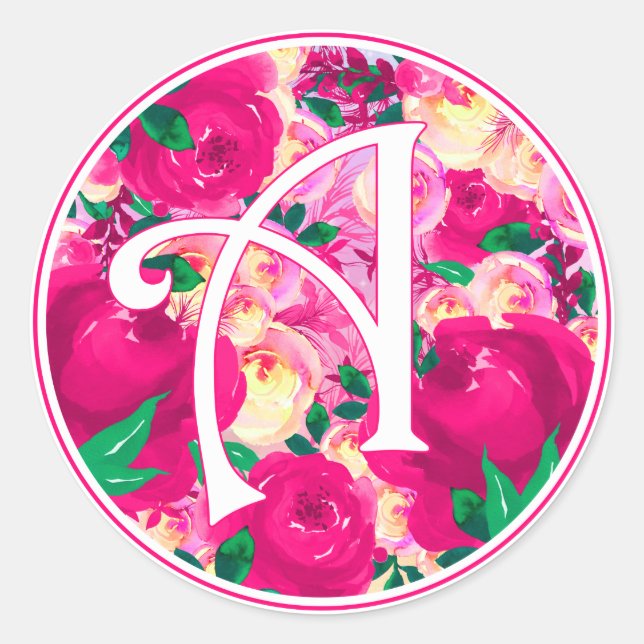 Sticker Rond Lettre A Aquarelle rose Monogramme circulaire Flor (Devant)