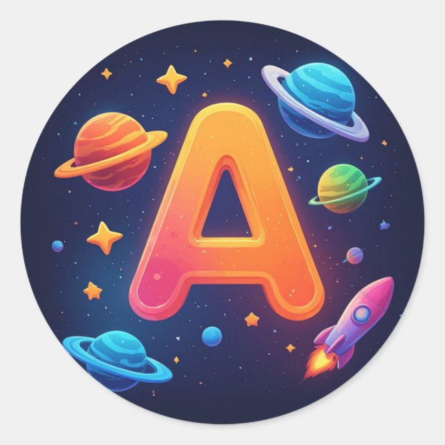 Sticker Rond 🌌 Lettre A de l'espace fusée étoiles planètes enf (Devant)