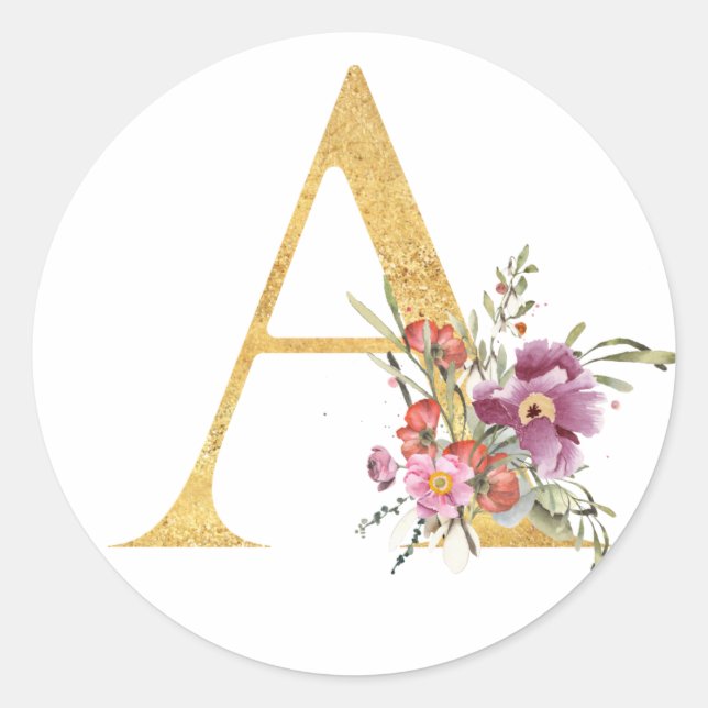 Sticker Rond Lettre A dorée avec fleurs (Devant)