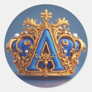 Sticker Rond Lettre A dorée ornée avec cadre et couronne