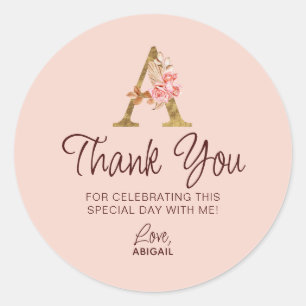 Sticker Rond Lettre A Monogramme Or Roses Rose Pâle