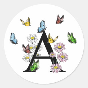 Sticker Rond Lettre A Monogramme Papillon Floral Initial   