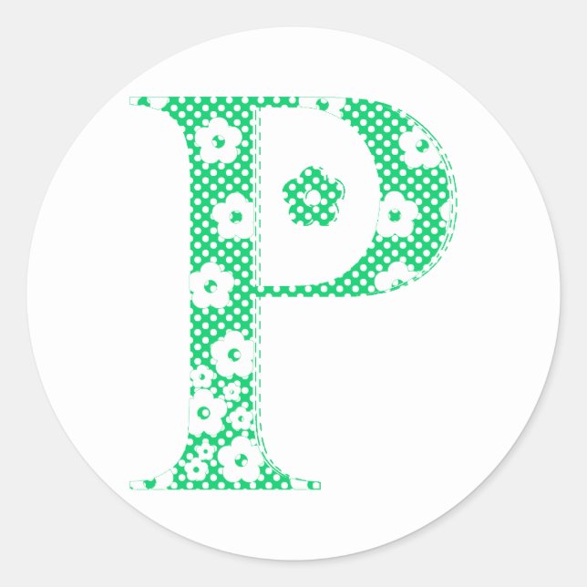 Sticker Rond lettre à motifs floraux P (vert & points) (Devant)