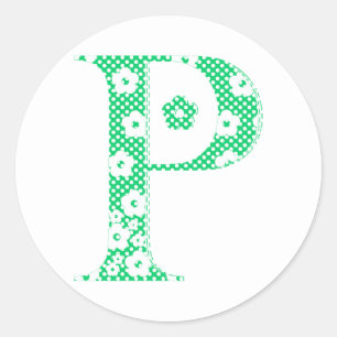 Sticker Rond lettre à motifs floraux P (vert & points)