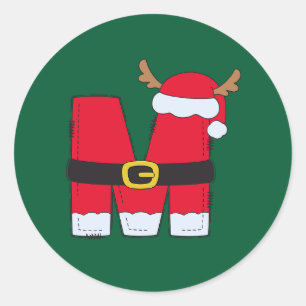 Sticker Rond Lettre alphabet monogramme M Santa Hat Noël