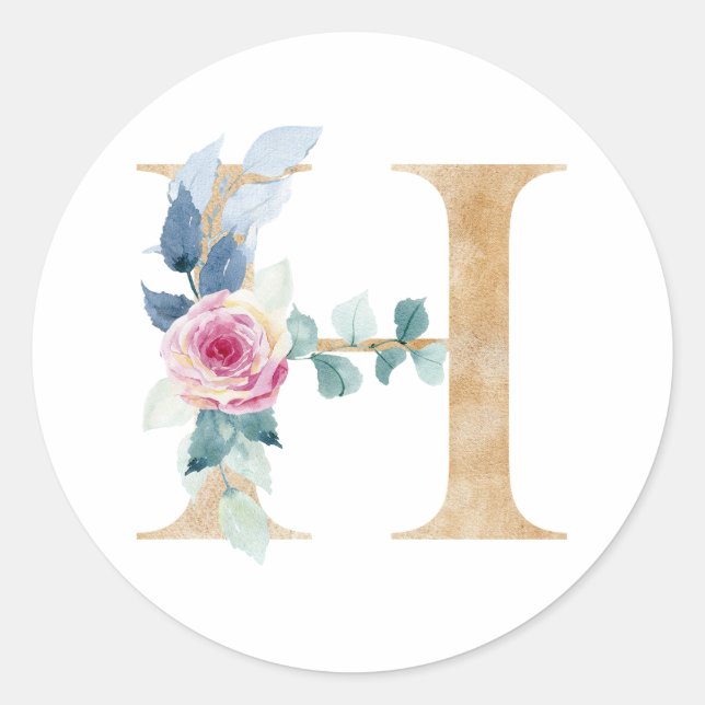 Sticker Rond Lettre aquarelle H avec rose (Devant)