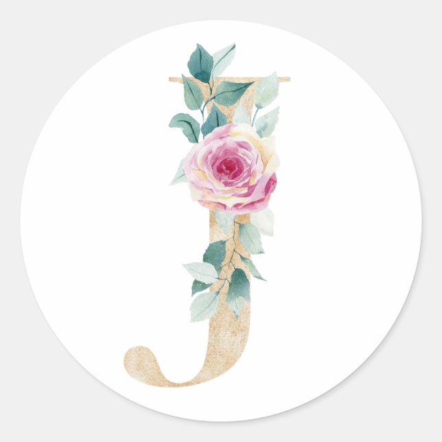 Sticker Rond Lettre aquarelle J avec des roses (Devant)